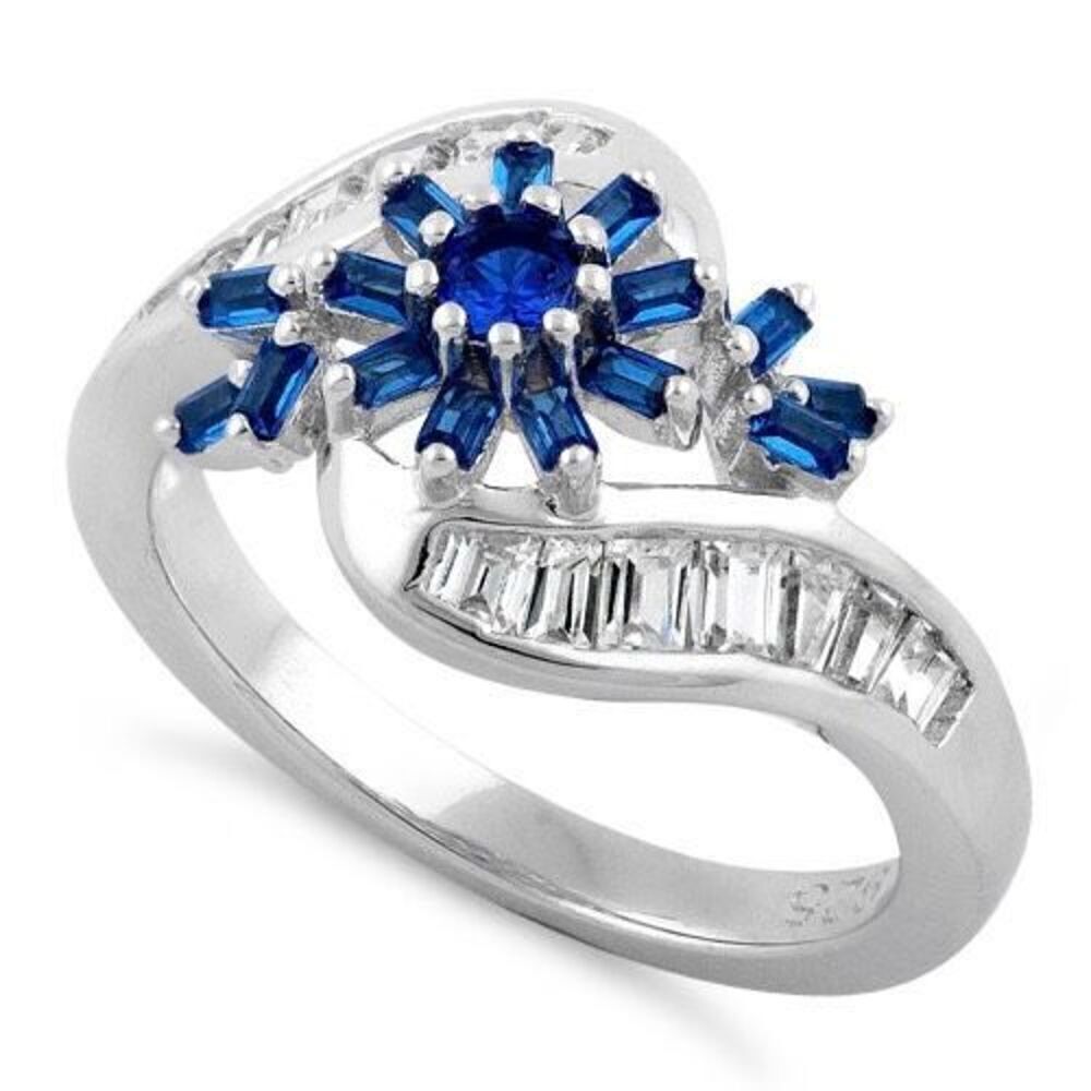 Blooming Flower Blue Sapphire Sterling Silver Ring Womens New